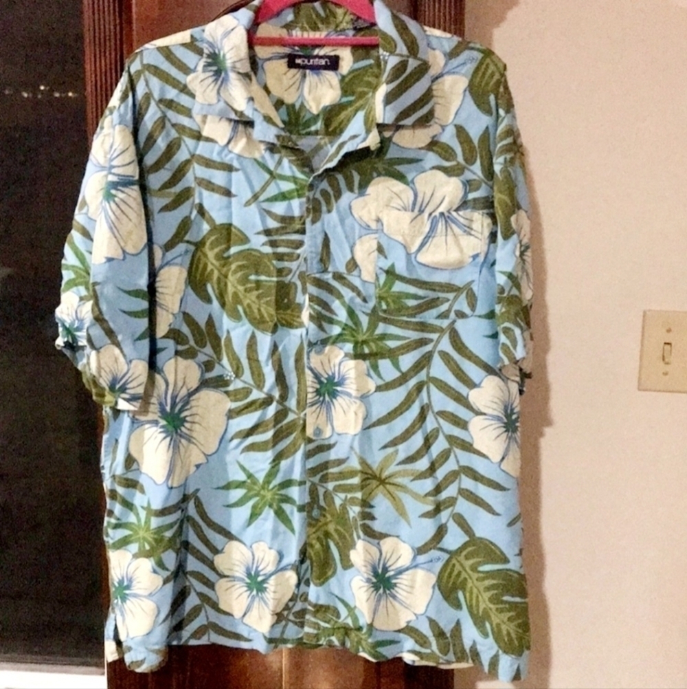 Puritan Light Blue White Floral Hawaiian Collared Button Down Shirt Men's Large